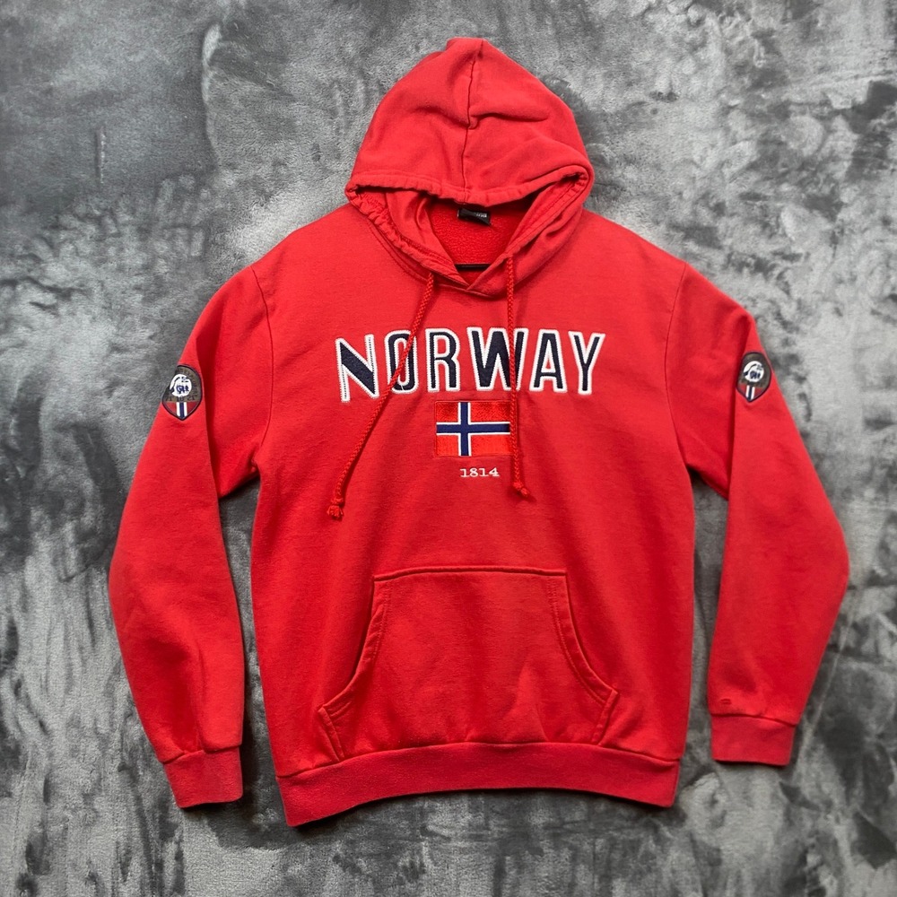 Scandinavian Explorer Hoodie Mens Large Red Norway Flag Embroidered Pullover